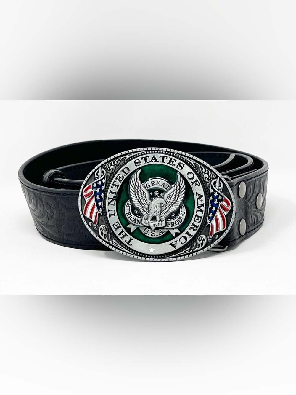 American Eagle Design Men’s Genuine Leather M Black Belt with USA Buckle